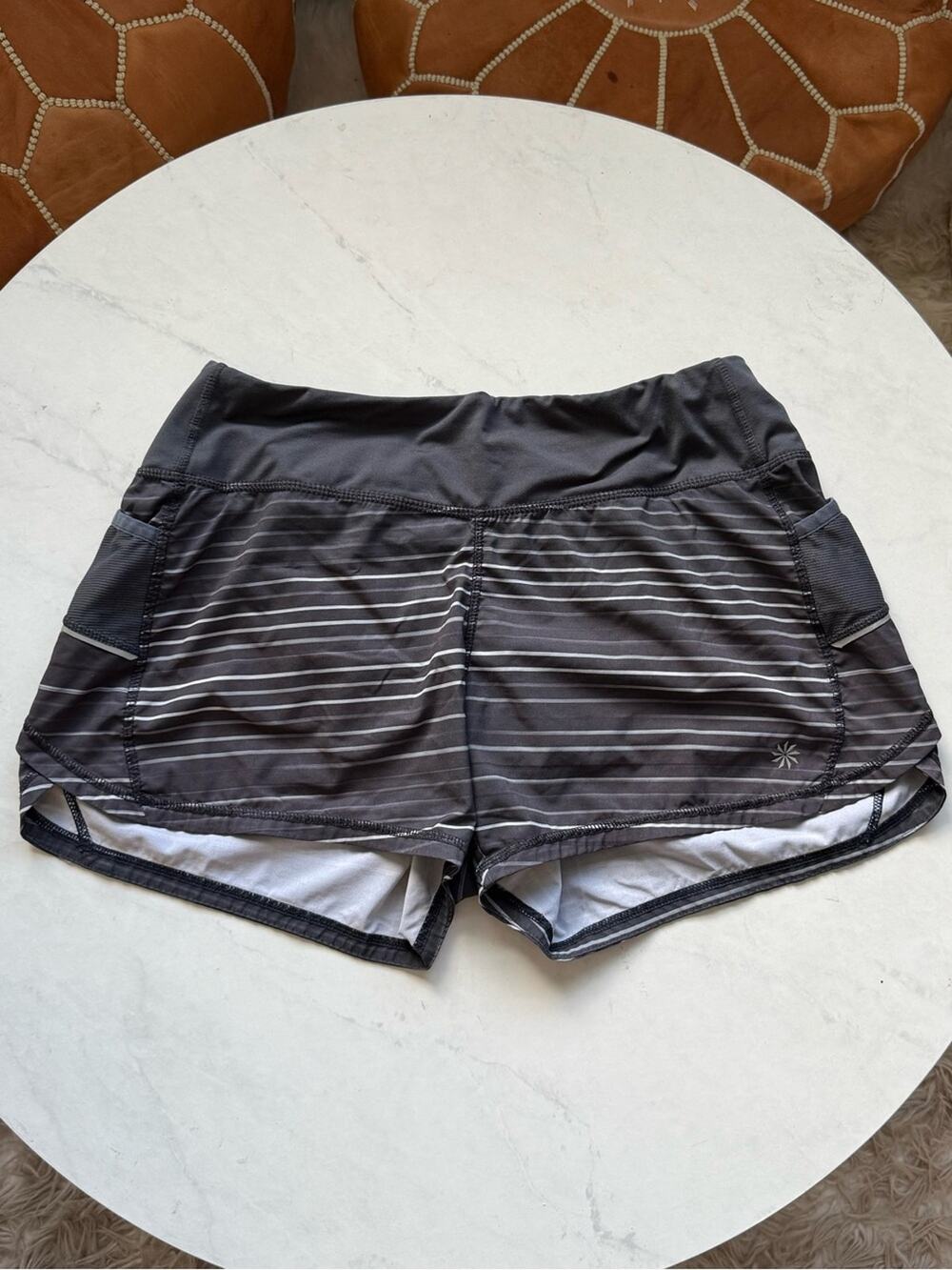 Athleta Ready Set Go Running Shorts Medium Black Gray Striped Lined Pockets